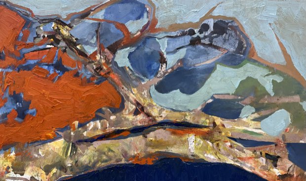 Paisagem abstrata de manchas laranja, azul e areia