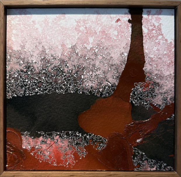 Nanquim rosa e preto sobre papel, em moldura de madeira clara